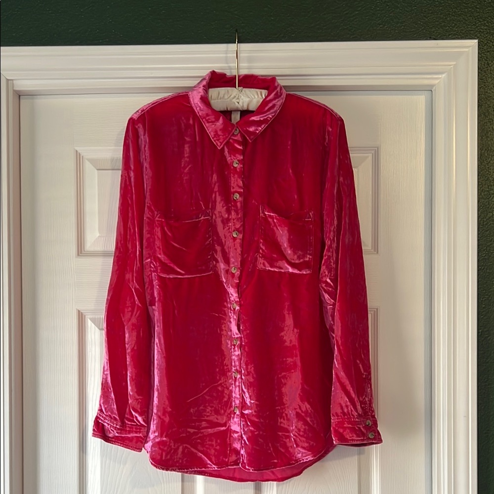 Pilcro Fuchsia Velvet Button-Up Blouse